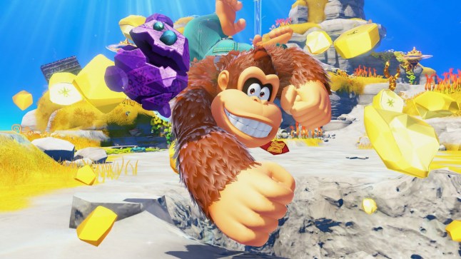 Donkey Kong smashing a stone in Donkey Kong Bananza