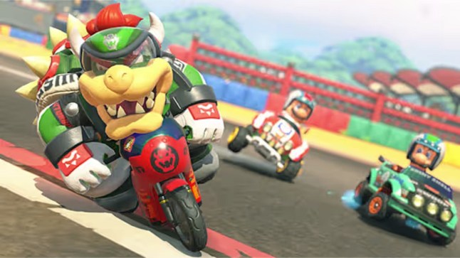 Mario Kart World screenshot with Bowser on a motorbike